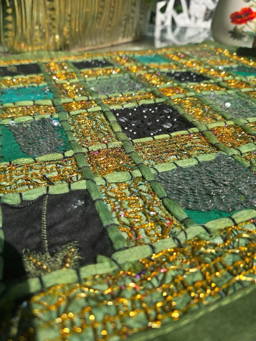 Vintage Pier 1 Imports Beaded Patchwork Placemat – Green & Gold Boho Table Decor